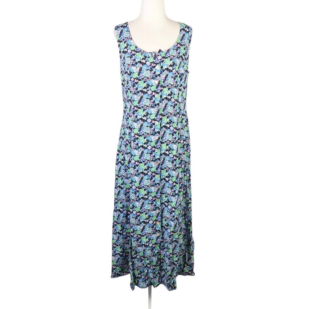 Vintage 90s JBS blue and black floral midi jumper dress M
